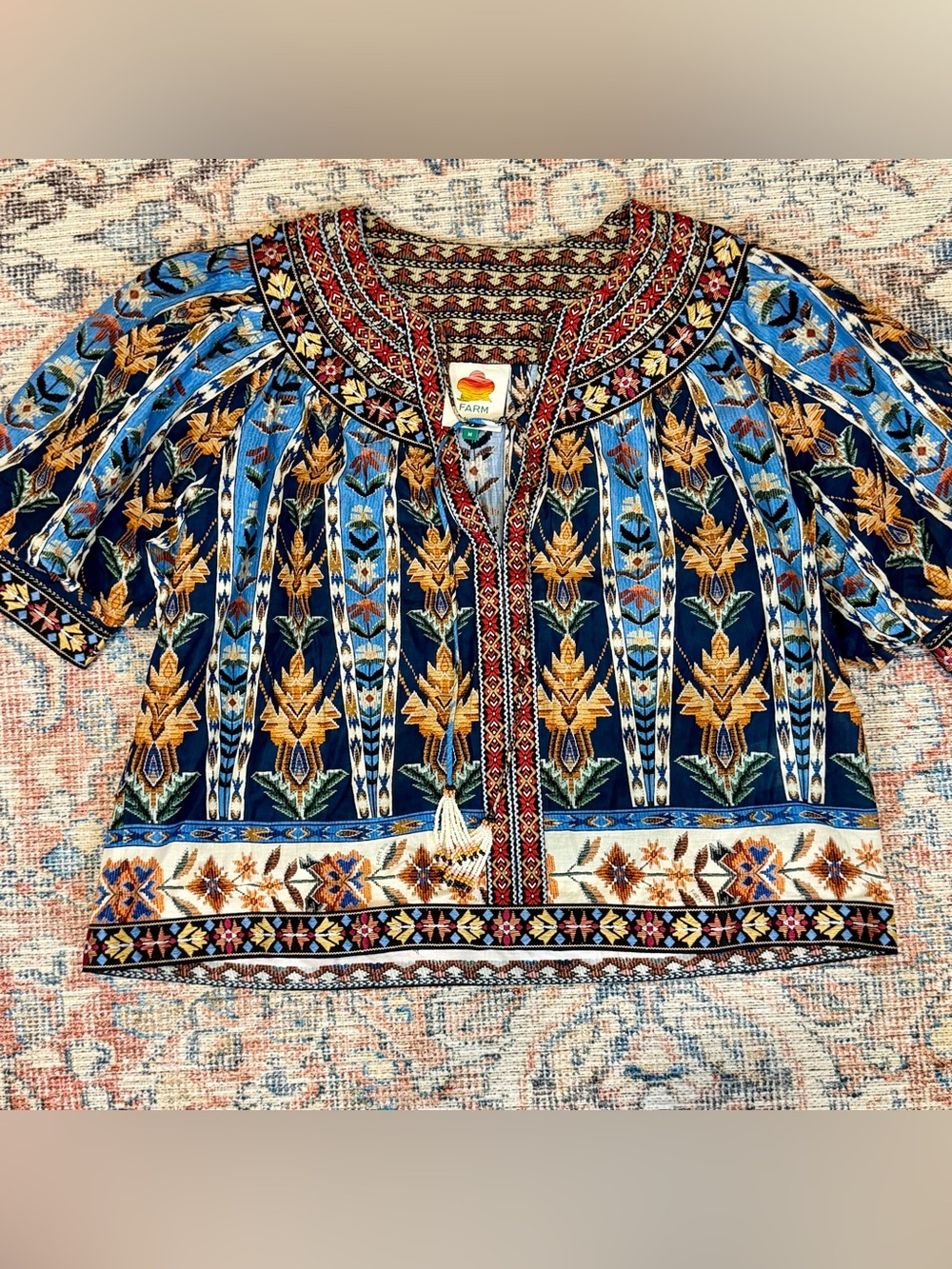 Farm Rio Boho Blue Floral Embroidered Tassel Puff Sleeve Blouse Top M Gypsy Lux - Picture 8 of 14